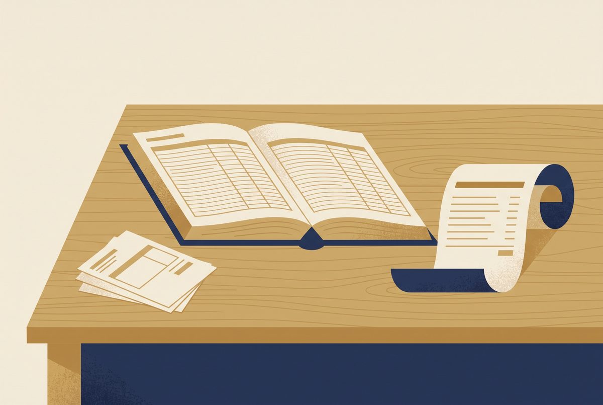 Editorial illustration of an open ledger beside a small stack of invoices and a bank statement on a desk.