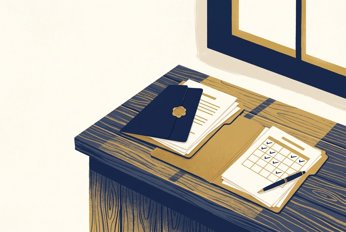 Editorial illustration of two folders on a desk, one holding a signed agreement and one holding a stack of timesheets.