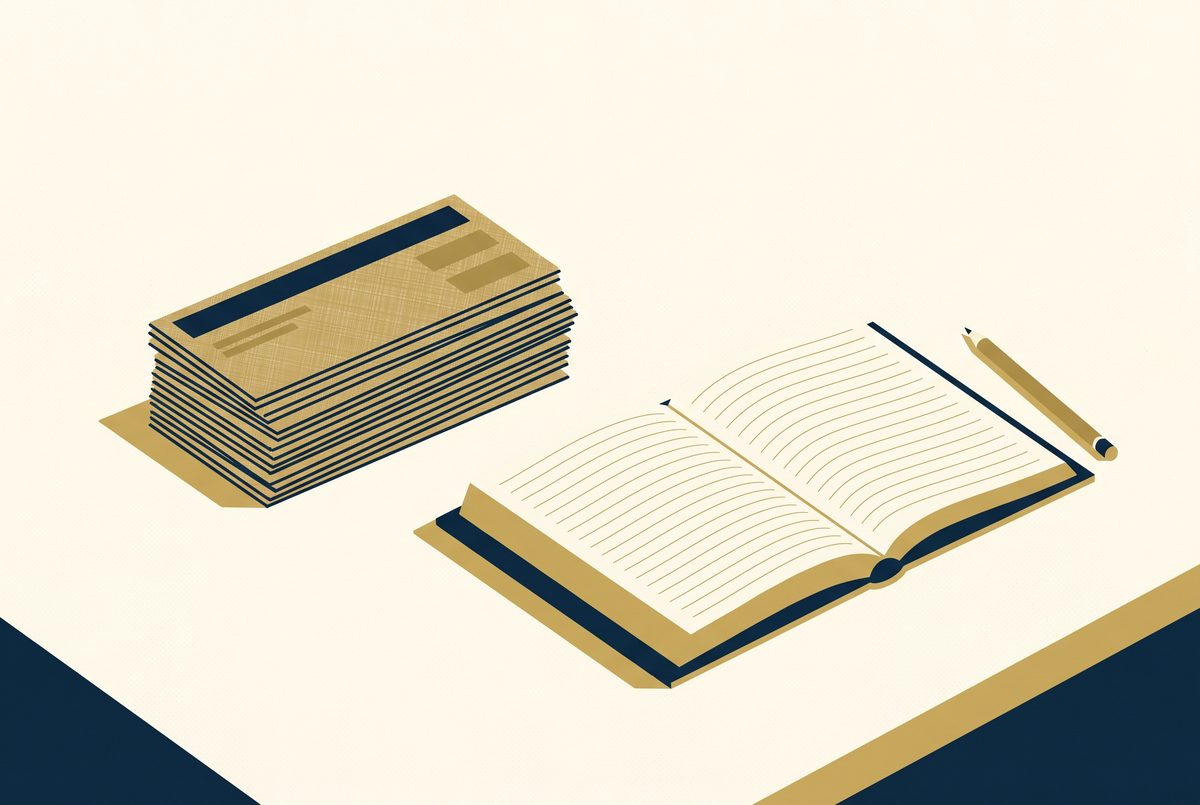 Editorial illustration of stacked monthly bank statements beside an open ledger on a desk.