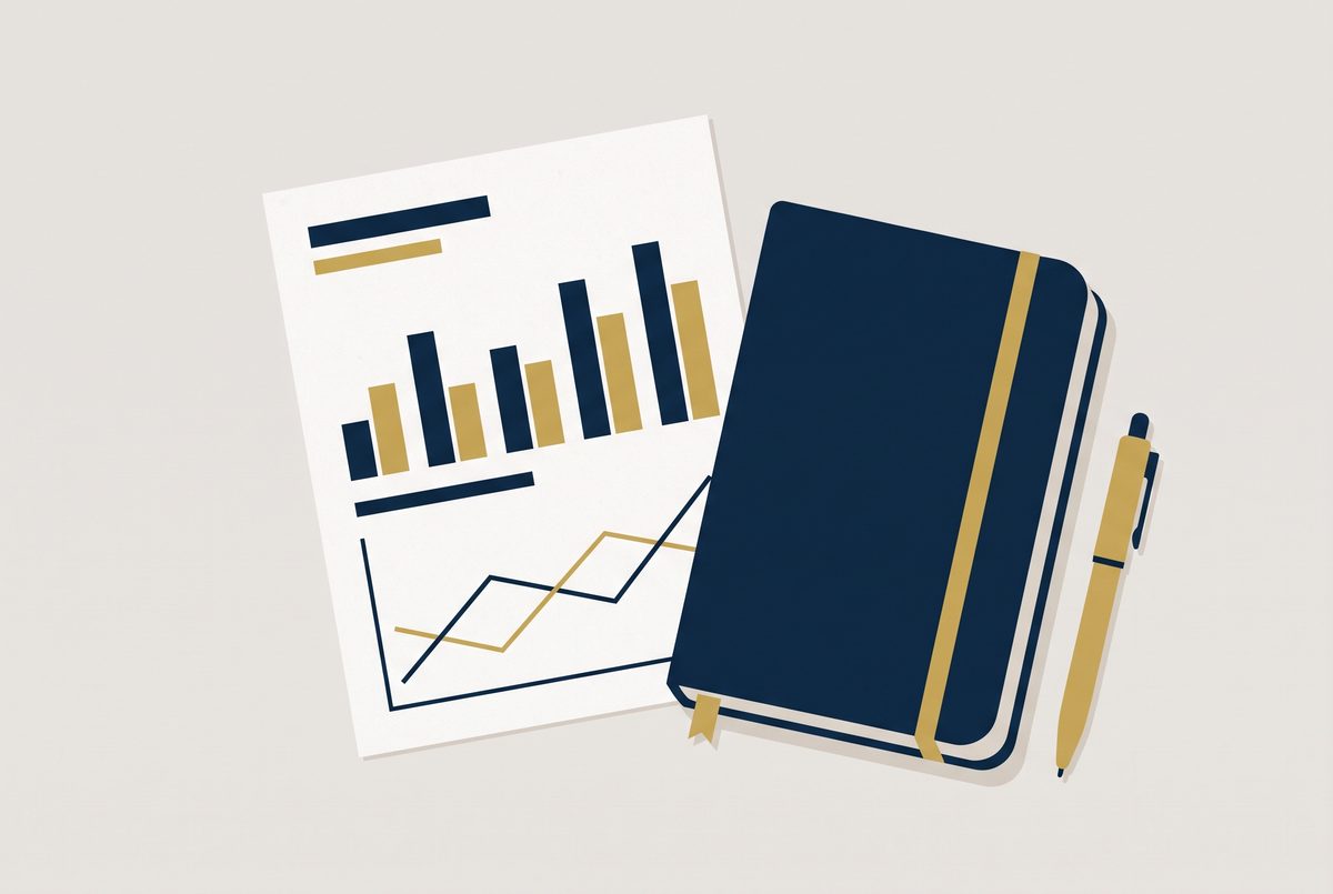 Editorial illustration of a simple profit and loss report beside a notebook and pen.