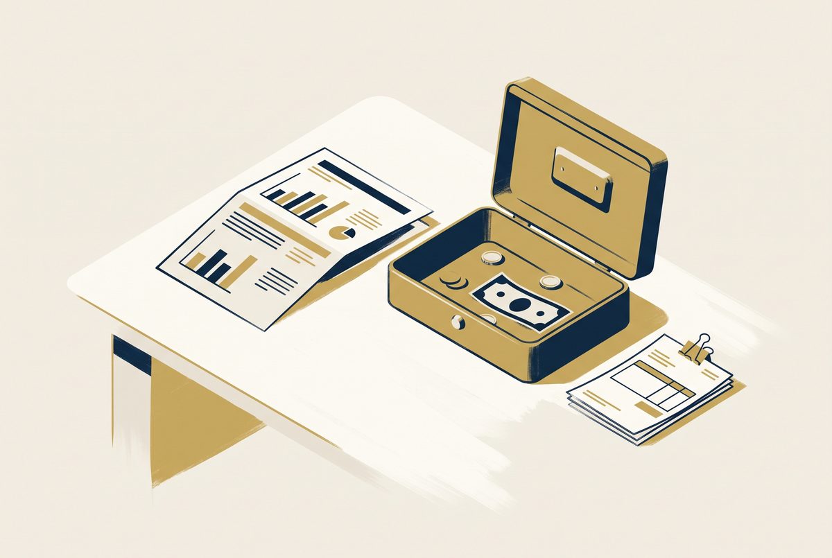 Editorial illustration of a profit and loss report beside a nearly empty cash box on a desk.