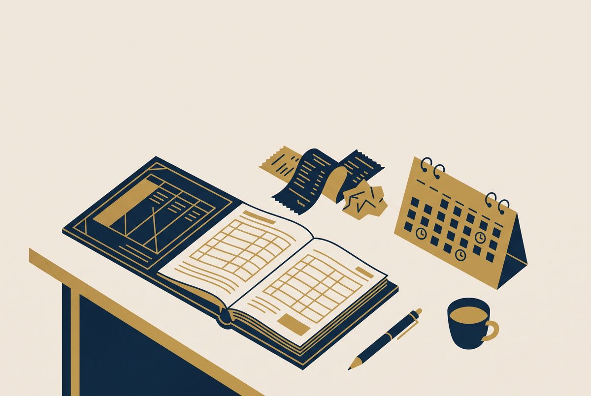 Editorial illustration of a monthly ledger, receipts and a simple calendar on a desk.
