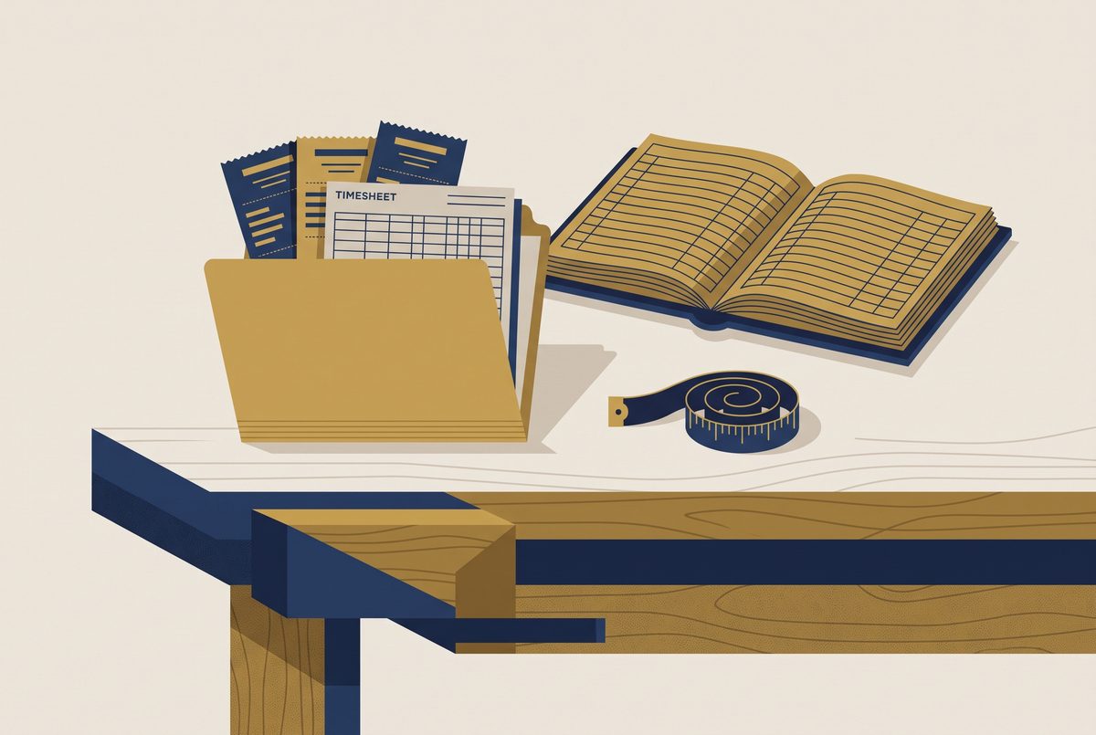 Editorial illustration of a job folder holding receipts and a timesheet beside an open ledger on a workbench.