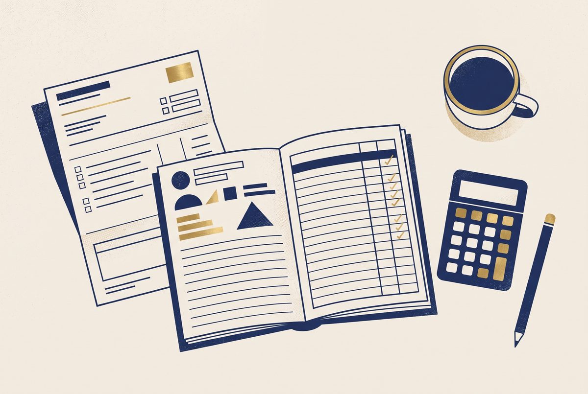 Editorial illustration of a bank statement laid beside an open ledger, with a pencil tick next to each matched line.